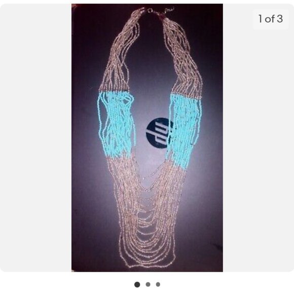 Beaded Necklace Silver-toned Metallic Silver & Turquoise Hangs 15" Long / o. d. - Picture 3 of 3